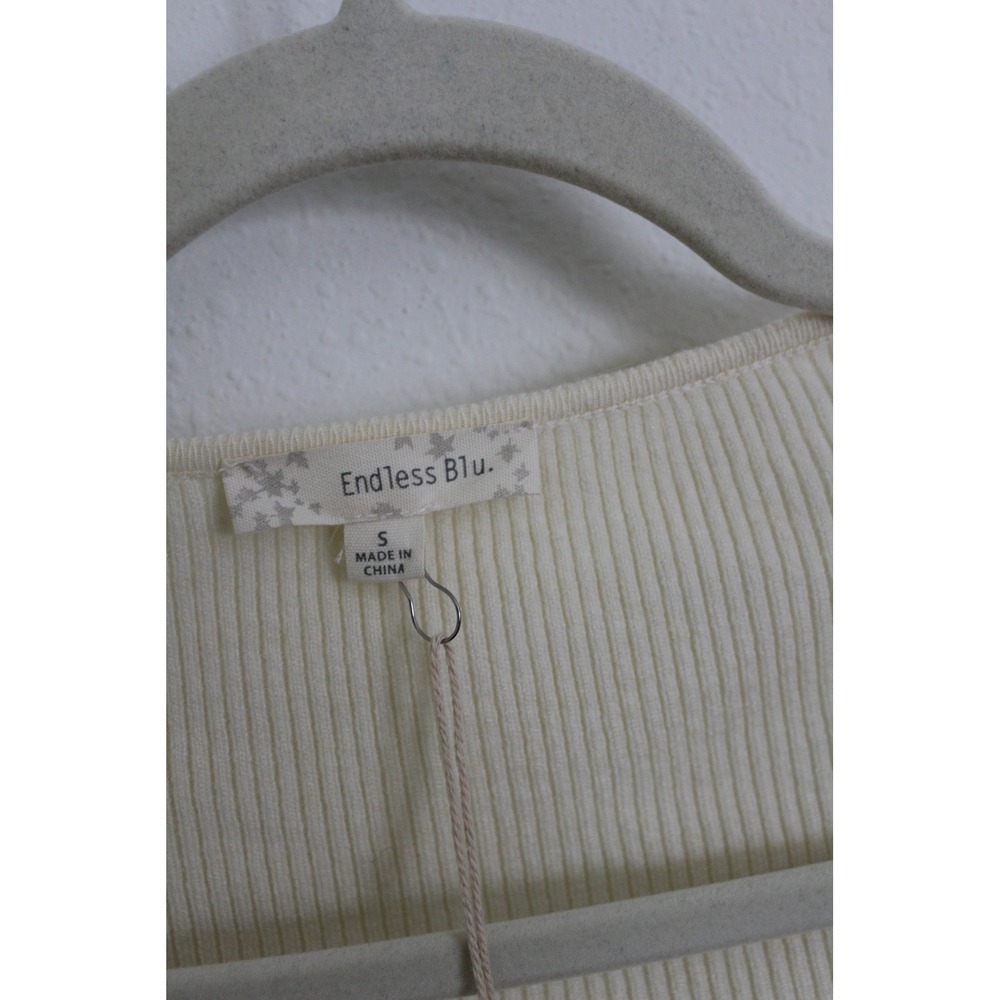 Endless Blu Womens Cream Pearl Hem Ribbed Knit Balloon Sleeve Crop Sweater S NWT - Picture 3 of 8